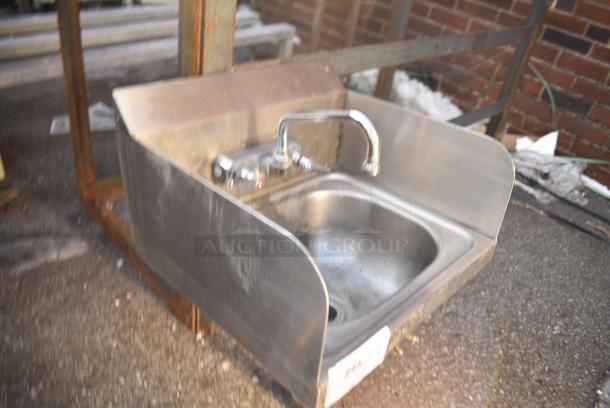 Stainless Steel Single Bay Wall Mount Sink w/ Side Splash Guards, Faucet and Handles. - Image 2 of 4