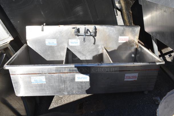 Stainless Steel 3 Bay Sink w/ Faucet and Handles. 1 Leg Needs To Be Reattached. - Image 1 of 6