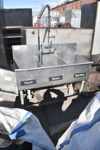 Stainless Steel 3 Bay Sink w/ Spray Nozzle Attachment, Faucet and Handles.