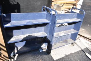 2 Metal Blue Double Sided Book Carts on Commercial Casters. 2 Times Your Bid!