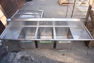 Stainless Steel 3 Bay Sink w/ Dual Drain Boards. No Legs.