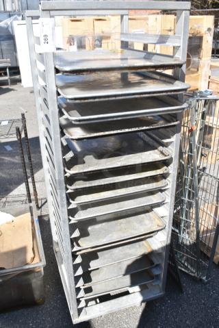 Metal Pan Transport Rack w/ 12 Baking Pans on Commercial Casters.