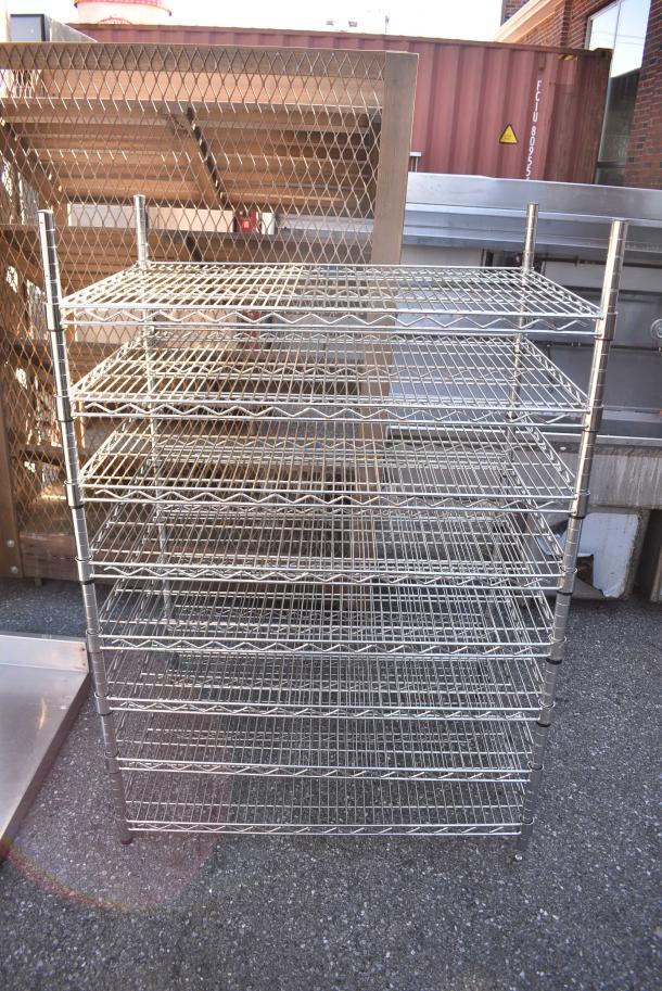 Chrome Finish 8 Tier Wire Shelving Unit. BUYER MUST DISMANTLE. PCI CANNOT DISMANTLE FOR SHIPPING. PLEASE CONSIDER FREIGHT CHARGES. - Image 1 of 3