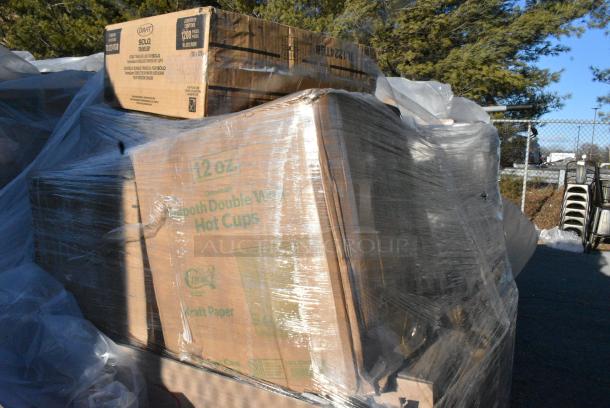 35 BRAND NEW! Boxes Including 347SLWG12 Visions 12 oz. Heavy Weight Clear Plastic Stemless Wine Glass - 64/Case, TL1224TGB Dart Traveler Black Dome Lid With Sip Hole, 50012DWPLAKR EcoChoice 12 oz. Smooth Double Wall Kraft Compostable Paper Hot Cup - 500/Case, 164CUSHMTLLG Vinyl Cushion For Cross Back Chair and Barstool, 760PIC05 Choice 5 oz. Clear Plastic Dessert Cup. 35 Times Your Bid! - Image 3 of 9