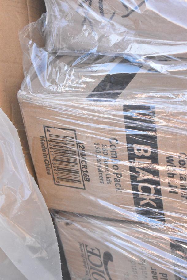 40 BRAND NEW! Boxes Including 129MCR16B Choice 16 oz. Black 6 1/4" Round Microwavable Heavy Weight Container with Lid - 150/Case, 500LFLAT42 Choice Clear Plastic Flat Lid with Straw Slot 42 oz. - 500/Case, 129MCS28B Choice 28 oz. Black Rectangular Microwavable Heavy Weight Container with Lid 8 3/4" x 6 1/4" x 1 3/4" - 150/Case, 347SPBD8WHSV Visions 8" Square White Plastic Plate with Silver Bands - 120/Case, 395TO991 EcoChoice 9" x 9" x 3" Compostable No PFAS Added Bamboo / Bagasse 1 Compartment Take-Out Box - 200/Case, 2 Box 129MCR16B Choice 16 oz. Black 6 1/4" Round Microwavable Heavy Weight Container with Lid - 150/Case. 40 Times Your Bid! - Image 3 of 13