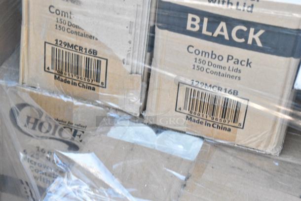 40 BRAND NEW! Boxes Including 129MCR16B Choice 16 oz. Black 6 1/4" Round Microwavable Heavy Weight Container with Lid - 150/Case, 500LFLAT42 Choice Clear Plastic Flat Lid with Straw Slot 42 oz. - 500/Case, 129MCS28B Choice 28 oz. Black Rectangular Microwavable Heavy Weight Container with Lid 8 3/4" x 6 1/4" x 1 3/4" - 150/Case, 347SPBD8WHSV Visions 8" Square White Plastic Plate with Silver Bands - 120/Case, 395TO991 EcoChoice 9" x 9" x 3" Compostable No PFAS Added Bamboo / Bagasse 1 Compartment Take-Out Box - 200/Case, 2 Box 129MCR16B Choice 16 oz. Black 6 1/4" Round Microwavable Heavy Weight Container with Lid - 150/Case. 40 Times Your Bid! - Image 11 of 13