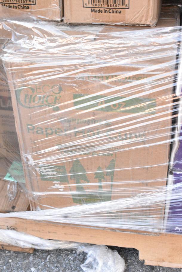 40 BRAND NEW! Boxes Including 129MCR16B Choice 16 oz. Black 6 1/4" Round Microwavable Heavy Weight Container with Lid - 150/Case, 500LFLAT42 Choice Clear Plastic Flat Lid with Straw Slot 42 oz. - 500/Case, 129MCS28B Choice 28 oz. Black Rectangular Microwavable Heavy Weight Container with Lid 8 3/4" x 6 1/4" x 1 3/4" - 150/Case, 347SPBD8WHSV Visions 8" Square White Plastic Plate with Silver Bands - 120/Case, 395TO991 EcoChoice 9" x 9" x 3" Compostable No PFAS Added Bamboo / Bagasse 1 Compartment Take-Out Box - 200/Case, 2 Box 129MCR16B Choice 16 oz. Black 6 1/4" Round Microwavable Heavy Weight Container with Lid - 150/Case. 40 Times Your Bid! - Image 13 of 13