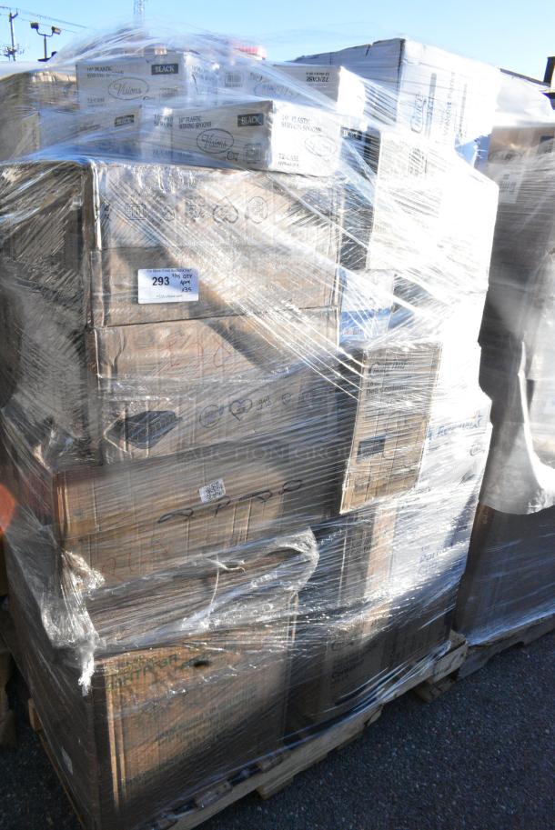 35 BRAND NEW! Boxes Including 500TW7 Choice 7 oz. Translucent Thin Wall Plastic Cold Cup - 2500/Case, 130SERVSPBK Visions 10" Black Disposable Plastic Serving Spoon - 72/Case, 395TO661PF EcoChoice No PFAS Added 6" x 6" x 3" Natural Bagasse Blend Take-Out Container - 500/Case, 127RDTFLBULK Choice Microwavable Translucent Customizable Recessed Fit Deli Lid - 500/Case, 128HD16BULK Choice Heavy Duty 16 oz. Microwavable Translucent Plastic Deli Container - 480/Case, 18218X3 Choice 18" x 3000' Foodservice Film with Serrated Cutter, 394EN304XL Noble Products Nitrile White 3 Mil Thick All Purpose Powder-Free Textured Gloves - Extra Large - 1000/Case, 130WBKFORKH Choice Black Heavy Weight Wrapped Polystyrene Plastic Fork - 1000/Case, 130BKFKNH250 Choice Black Heavy Weight Wrapped Polystyrene Plastic Fork and Knife Cutlery Pack with Napkin - 250/Case. 35 Times Your Bid! - Image 1 of 18