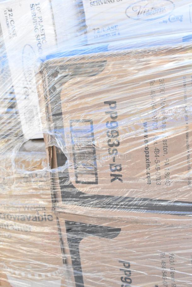 35 BRAND NEW! Boxes Including 500TW7 Choice 7 oz. Translucent Thin Wall Plastic Cold Cup - 2500/Case, 130SERVSPBK Visions 10" Black Disposable Plastic Serving Spoon - 72/Case, 395TO661PF EcoChoice No PFAS Added 6" x 6" x 3" Natural Bagasse Blend Take-Out Container - 500/Case, 127RDTFLBULK Choice Microwavable Translucent Customizable Recessed Fit Deli Lid - 500/Case, 128HD16BULK Choice Heavy Duty 16 oz. Microwavable Translucent Plastic Deli Container - 480/Case, 18218X3 Choice 18" x 3000' Foodservice Film with Serrated Cutter, 394EN304XL Noble Products Nitrile White 3 Mil Thick All Purpose Powder-Free Textured Gloves - Extra Large - 1000/Case, 130WBKFORKH Choice Black Heavy Weight Wrapped Polystyrene Plastic Fork - 1000/Case, 130BKFKNH250 Choice Black Heavy Weight Wrapped Polystyrene Plastic Fork and Knife Cutlery Pack with Napkin - 250/Case. 35 Times Your Bid! - Image 3 of 18