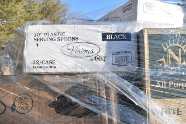 35 BRAND NEW! Boxes Including 500TW7 Choice 7 oz. Translucent Thin Wall Plastic Cold Cup - 2500/Case, 130SERVSPBK Visions 10" Black Disposable Plastic Serving Spoon - 72/Case, 395TO661PF EcoChoice No PFAS Added 6" x 6" x 3" Natural Bagasse Blend Take-Out Container - 500/Case, 127RDTFLBULK Choice Microwavable Translucent Customizable Recessed Fit Deli Lid - 500/Case, 128HD16BULK Choice Heavy Duty 16 oz. Microwavable Translucent Plastic Deli Container - 480/Case, 18218X3 Choice 18" x 3000' Foodservice Film with Serrated Cutter, 394EN304XL Noble Products Nitrile White 3 Mil Thick All Purpose Powder-Free Textured Gloves - Extra Large - 1000/Case, 130WBKFORKH Choice Black Heavy Weight Wrapped Polystyrene Plastic Fork - 1000/Case, 130BKFKNH250 Choice Black Heavy Weight Wrapped Polystyrene Plastic Fork and Knife Cutlery Pack with Napkin - 250/Case. 35 Times Your Bid! - Image 13 of 18