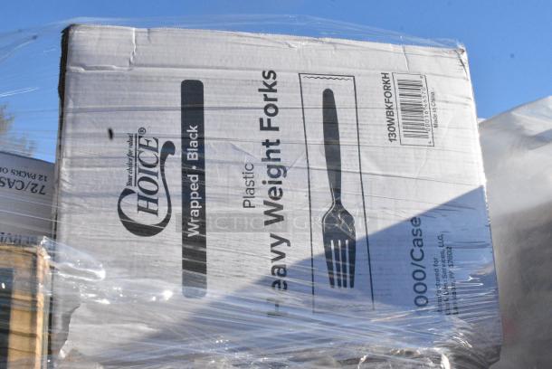 35 BRAND NEW! Boxes Including 500TW7 Choice 7 oz. Translucent Thin Wall Plastic Cold Cup - 2500/Case, 130SERVSPBK Visions 10" Black Disposable Plastic Serving Spoon - 72/Case, 395TO661PF EcoChoice No PFAS Added 6" x 6" x 3" Natural Bagasse Blend Take-Out Container - 500/Case, 127RDTFLBULK Choice Microwavable Translucent Customizable Recessed Fit Deli Lid - 500/Case, 128HD16BULK Choice Heavy Duty 16 oz. Microwavable Translucent Plastic Deli Container - 480/Case, 18218X3 Choice 18" x 3000' Foodservice Film with Serrated Cutter, 394EN304XL Noble Products Nitrile White 3 Mil Thick All Purpose Powder-Free Textured Gloves - Extra Large - 1000/Case, 130WBKFORKH Choice Black Heavy Weight Wrapped Polystyrene Plastic Fork - 1000/Case, 130BKFKNH250 Choice Black Heavy Weight Wrapped Polystyrene Plastic Fork and Knife Cutlery Pack with Napkin - 250/Case. 35 Times Your Bid! - Image 14 of 18