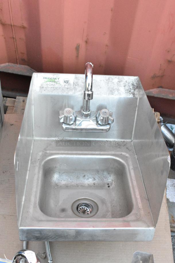 Regency 600HS12SP Stainless Steel Single Bay Wall Mount Sink w/ Faucet, Handles and Side Splash Guards. - Image 1 of 6