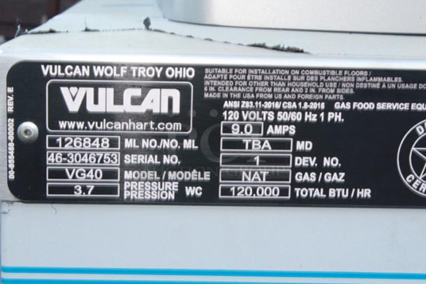BRAND NEW SCRATCH & DENT! Vulcan VG40-NAT Natural Gas 40 Gallon Manual Tilt Braising Pan / Tilt Skillet - 120,000 BTU. S/N: 46-3046753. Legs have a very minor bend. - Image 10 of 10