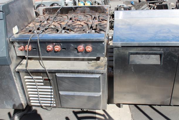 COMBO LOT! Wolf ACB36P ACB Series 36" Low Profile Heavy Duty Counter Charbroiler, Liquid Propane, 108,000BTU & Traulsen TE036HT 2 Drawer 36" Refrigerated Chef Base - Specification Line, 115v. Tested. Both Units in Working Order. 2x Your Bid - Image 1 of 3