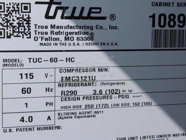 BRAND NEW SCRATCH & DENT! True TUC-60-HC 60 3/8" Undercounter Refrigerator, 115v.  Power Cord Needs To Be Replaced. Floor of Unit Is Dented (see photos). - Image 9 of 9
