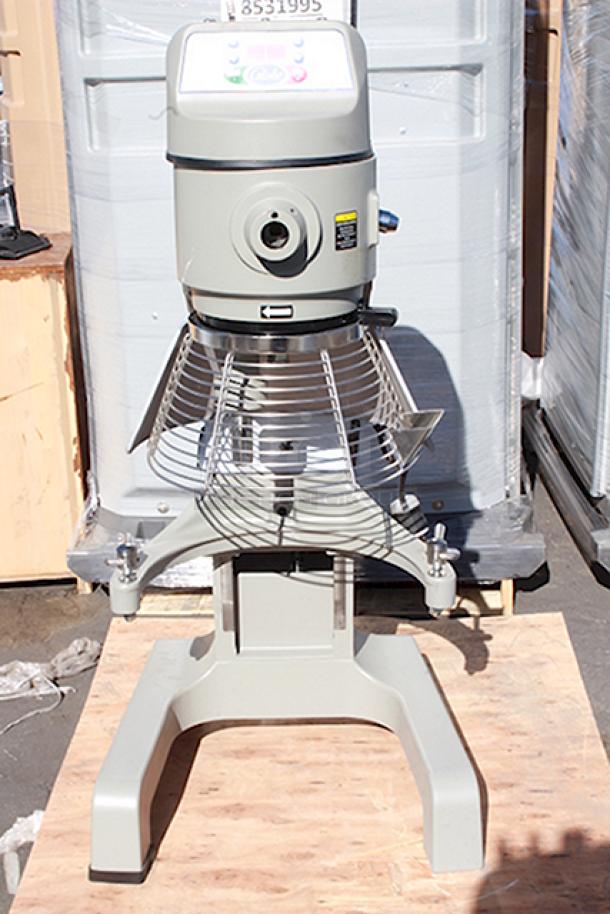 BRAND NEW SCRATCH & DENT! Globe SP40 40 Qt. Planetary Floor Mixer with Guard & Standard Accessories - 208V, 3 Phase, 2 hp. S/N: 7451968. Scratched on the right side. The hand wheel and side lever are damaged. Includes broken pieces and rubber feet. - Image 1 of 12