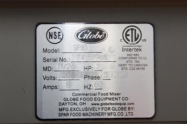BRAND NEW SCRATCH & DENT! Globe SP40 40 Qt. Planetary Floor Mixer with Guard & Standard Accessories - 208V, 3 Phase, 2 hp. S/N: 7451968. Scratched on the right side. The hand wheel and side lever are damaged. Includes broken pieces and rubber feet. - Image 7 of 12