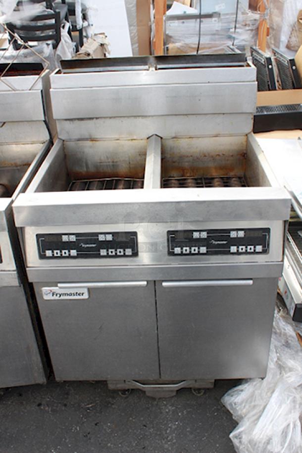 Frymaster SCFHD250GNC 100 lb. 2 Unit Natural Gas Floor Fryer System with CM3.5 Controls and Filtration System - 200,000 BTU., 120. S/N: 1505TR0009. On Commercial Casters.  IN WORKING ORDER! - Image 1 of 4