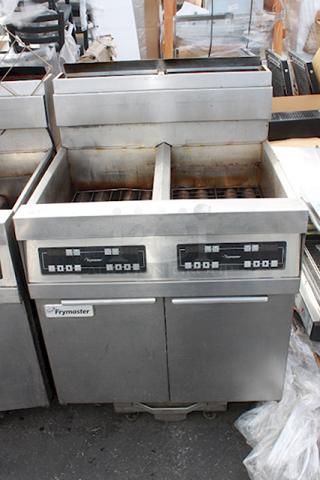 Frymaster SCFHD250GNC 100 lb. 2 Unit Natural Gas Floor Fryer System with CM3.5 Controls and Filtration System - 200,000 BTU., 120. S/N: 1505TR0009. On Commercial Casters.  IN WORKING ORDER!