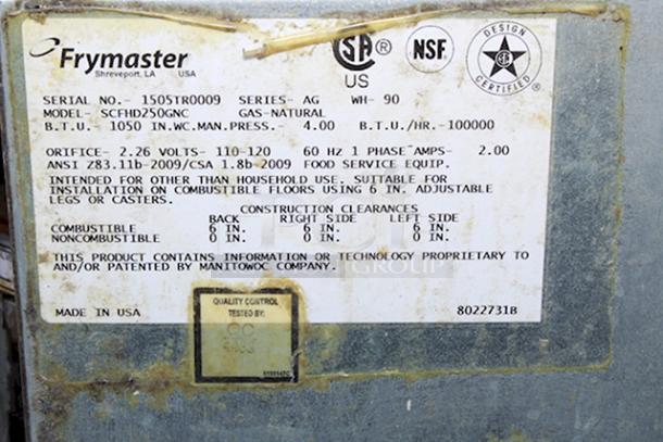 Frymaster SCFHD250GNC 100 lb. 2 Unit Natural Gas Floor Fryer System with CM3.5 Controls and Filtration System - 200,000 BTU., 120. S/N: 1505TR0009. On Commercial Casters.  IN WORKING ORDER! - Image 4 of 4