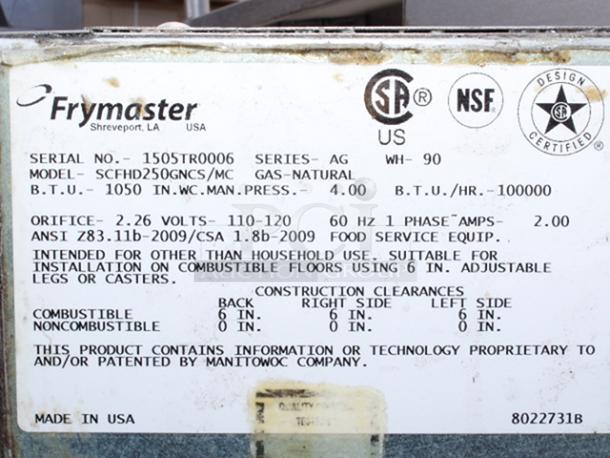 Frymaster SCFHD250GNCS/MC 100 lb. 2 Unit Natural Gas Floor Fryer System with CM3.5 Controls, 15MC 15 1/2" Stainless Steel Spreader Cabinet and Filtration System - 200,000 BTU. 110-120v. S/N: 1505TR0006 - Image 3 of 3