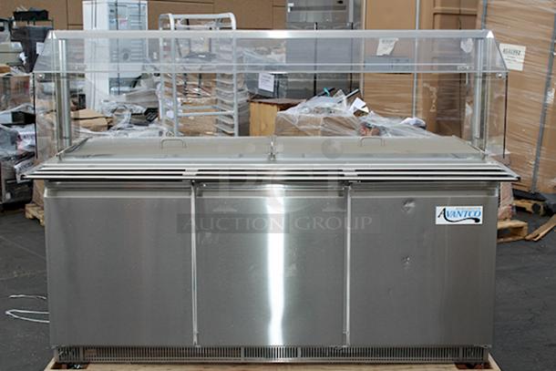 BRAND NEW SCRATCH & DENT! Avantco SS-CFT-72-HC 72" Stainless Steel Refrigerated Salad Bar / Cold Food Table with Sneeze Guard, Pan Cover, and Tray Slide. 115 Volts, 6.7 Amps, 1 Phase. S/N: 622063245 Minor Denting/Scuffing. IN WORKING ORDER. - Image 1 of 8