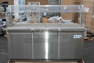 BRAND NEW SCRATCH & DENT! Avantco SS-CFT-72-HC 72" Stainless Steel Refrigerated Salad Bar / Cold Food Table with Sneeze Guard, Pan Cover, and Tray Slide. 115 Volts, 6.7 Amps, 1 Phase. S/N: 622063245 Minor Denting/Scuffing. IN WORKING ORDER.