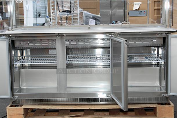 BRAND NEW SCRATCH & DENT! Avantco SS-CFT-72-HC 72" Stainless Steel Refrigerated Salad Bar / Cold Food Table with Sneeze Guard, Pan Cover, and Tray Slide. 115 Volts, 6.7 Amps, 1 Phase. S/N: 622063245 Minor Denting/Scuffing. IN WORKING ORDER. - Image 7 of 8