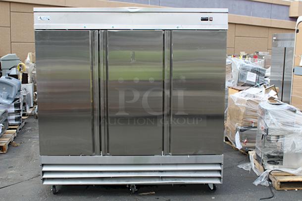 BRAND NEW SCRATCH & DENT! Avantco SS-3R-HC 81 5/16" Stainless Steel Solid Door Reach-In Refrigerator, 115 Volts 7.2 Amps 1 Phase 60 Hz S/N: 823108553 7067 2411. Unit is scratched and dented (see photos). - Image 1 of 7