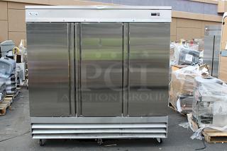 BRAND NEW SCRATCH & DENT! Avantco SS-3R-HC 81 5/16" Stainless Steel Solid Door Reach-In Refrigerator, 115 Volts 7.2 Amps 1 Phase 60 Hz S/N: 823108553 7067 2411. Unit is scratched and dented (see photos).