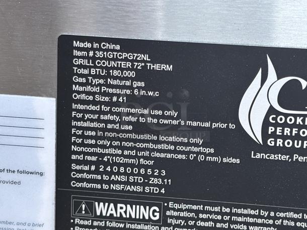 BRAND NEW SCRATCH & DENT! Cooking Performance Group GT-CPG-72-NL 72" Nat. Gas Countertop Griddle with Thermostatic Controls - 180,000 BTU. S/N: 2408006523. - Image 8 of 8
