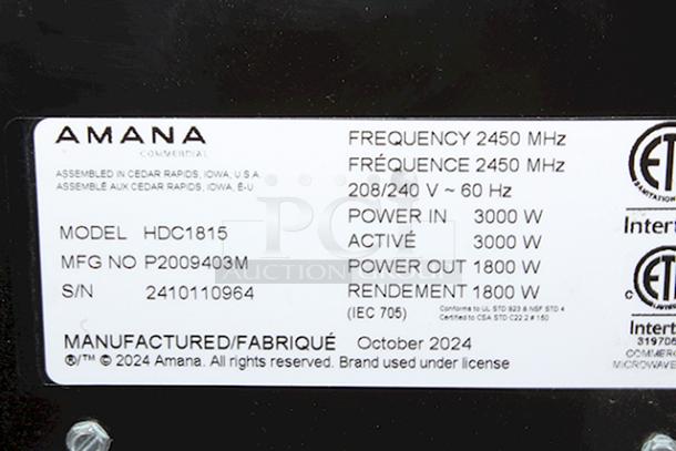 BRAND NEW SCRATCH & DENT! Amana HDC1815 Heavy-Duty Stainless Steel Commercial Microwave with Push Button Controls - 208/240V, 1800W, 14.4 Amps, 1 Phase, 60 Hz. S/N: 2410110964. Unit is dented on the sides. - Image 6 of 6