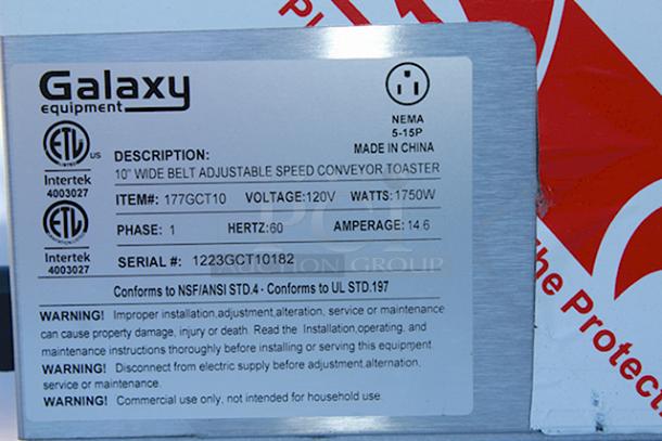 BRAND NEW SCRATCH & DENT! Galaxy CT-10 Conveyor Toaster with 3" Opening - 120V, 1750W. SERIAL #: 1223GCT10182. Minor Scratching and Denting. - Image 5 of 8