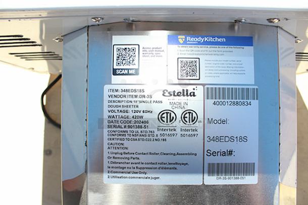 BRAND NEW SCRATCH & DENT! Estella EDS18S 18" Countertop One Stage Dough Sheeter - 120V, 1/2 HP. S/N: 901388-51. Prod. Date: JUN-2024 - Image 4 of 5