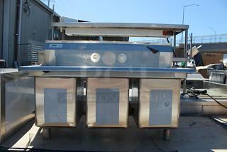 BRAND NEW SCRATCH & DENT! Regency 600S31014G 39" 16-Gauge Stainless Steel Three Compartment Commercial Sink with Galvanized Steel Legs and without Drainboards - 10" x 14" x 12" Bowls. Includes: Legs and Drain. Unit has minor bending to backsplash.