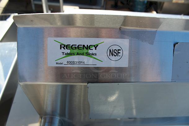 BRAND NEW SCRATCH & DENT! Regency 600S31014G 39" 16-Gauge Stainless Steel Three Compartment Commercial Sink with Galvanized Steel Legs and without Drainboards - 10" x 14" x 12" Bowls. Includes: Legs and Drain. Unit has minor bending to backsplash. - Image 2 of 7