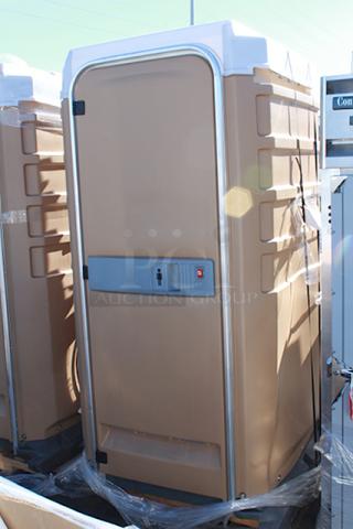 BRAND NEW SCRATCH AND DENT! PolyJohn FS3-1006 Fleet Tan Premium Portable Restroom - Assembled (Men). Unit has minor scuffing.