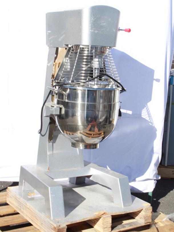 BRAND NEW SCRATCH & DENT! Main Street Equipment CMIX30 30 Qt. Planetary Floor Mixer with Guard & Standard Accessories - 120V, 2 hp. S/N: 24070230015 Unit is cracked on the top back side and the power cord needs to be replaced. - Image 1 of 9