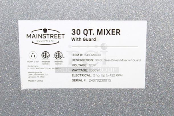 BRAND NEW SCRATCH & DENT! Main Street Equipment CMIX30 30 Qt. Planetary Floor Mixer with Guard & Standard Accessories - 120V, 2 hp. S/N: 24070230015 Unit is cracked on the top back side and the power cord needs to be replaced. - Image 3 of 9