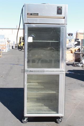 True TR1RPT-2HG-1S Spec Series 27 1/2" Glass Front Half Door / Solid Back Full Door Stainless Steel Pass-Through Refrigerator. 115v. Tested. In Working Order. S/N: 5182672.