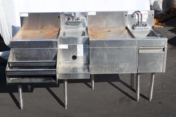 COMBINATION UNIT! Glastender DHSB-12 Underbar Hand Sink Unit, (2) Glastender DBB-18 Underbar Drain Workboard Unit, Glastender BSA-12 Underbar Blender Station and Glastender DSR-12 Speed Rail / Rack. - Image 1 of 7