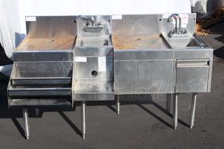COMBINATION UNIT! Glastender DHSB-12 Underbar Hand Sink Unit, (2) Glastender DBB-18 Underbar Drain Workboard Unit, Glastender BSA-12 Underbar Blender Station and Glastender DSR-12 Speed Rail / Rack.