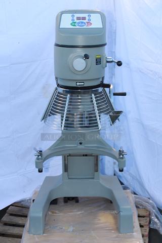 BRAND NEW SCRATCH & DENT! Globe SP40 40 Qt. Planetary Floor Mixer with Guard - 208V, 3 Phase, 2 hp. S/N: 74 52007. Mfr Date: 07/24. Missing Cover Plate. See Photos.
