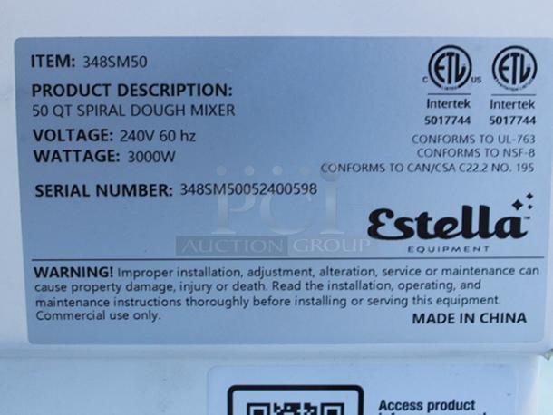 BRAND NEW SCRATCH & DENT! Estella SM50 50 Qt. / 70 lb. Two-Speed Spiral Dough Mixer - 220V, 4 HP	S/N; 348SM50052400598. - Image 10 of 12