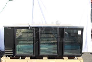 BRAND NEW SCRATCH & DENT! True TBB-4G-HC-LD 90 3/8" Black Glass Door Back Bar Refrigerator with LED Lighting. 115 Volts	2.8 Amps	1 Phase	60 Hz. Missing Keys. Power cord needs to be replaced.
