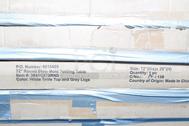 12-STACK OF BRAND NEW SCRATCH & DENT! Lancaster Table & Seating 384YCZ72RND 72" Round Heavy-Duty Granite White Plastic Folding Tables. 12x Your Bid. ALL IN ORIGINAL PACKAGING!! White Tabletop & Grey Legs. - Image 3 of 3