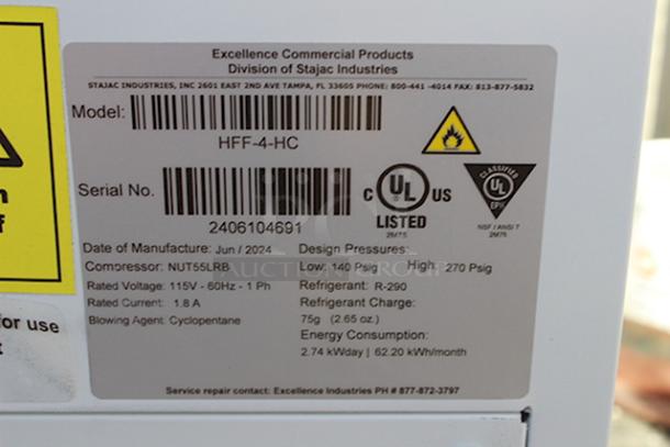 BRAND NEW SCRATCH & DENT! Excellence HFF-4HC 31" Flip Lid Ice Cream Dipping Cabinet. S/N: 2406104691. 115 Volts	3.3 Amps	1 Phase	60 Hz. Right Side is dented. See photos. - Image 6 of 6