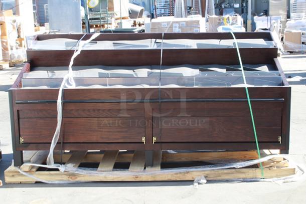BRAND NEW SCRATCH & DENT! Marco Company 568OBP28985CM 100" x 40" x 47" Cocoa Maple Orchard Produce Display Bin. Wood has some chipping. - Image 1 of 6