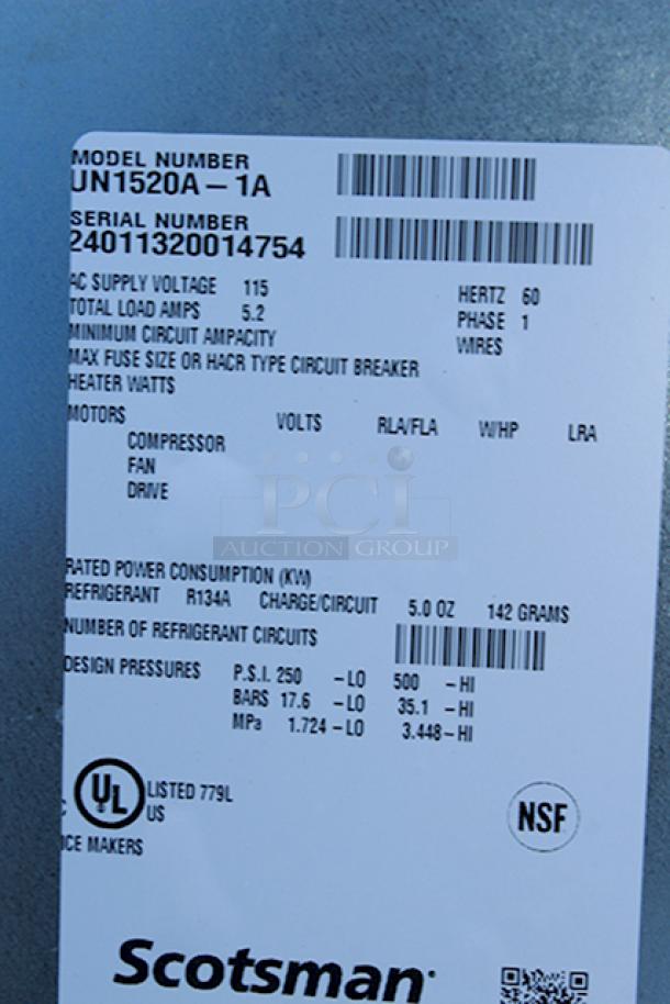 BRAND NEW SCRATCH & DENT! Scotsman UN1520A 20" Air Cooled Undercounter Nugget Ice Machine - 167 lb.	115 Volts		1 Phase	60 Hz. S/N: 24011320014754 - Image 2 of 6