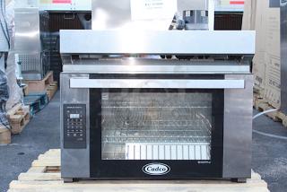 Cadco Bakerlux Station BLS-4FLD-2H Double Stacked 4-Shelf Full Size Heavy-Duty Digital Countertop Convection Ovens with LED Control Panels, Ventless Hood, and Stand - 208-240V. Only 1 Oven. Doesn't Include Stacking Kit.